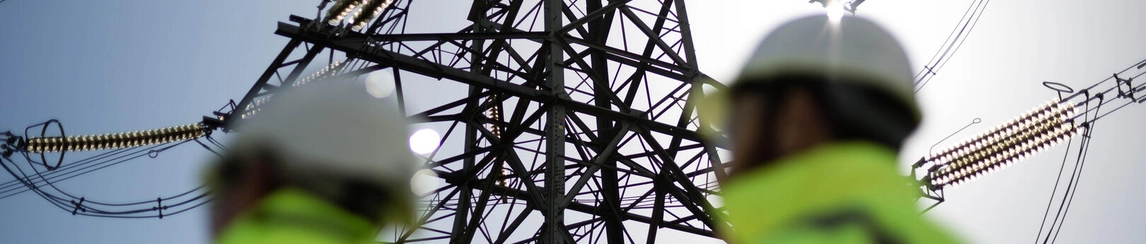 Two people standing in front of an electricity pylon wearing hi-vis jackets.